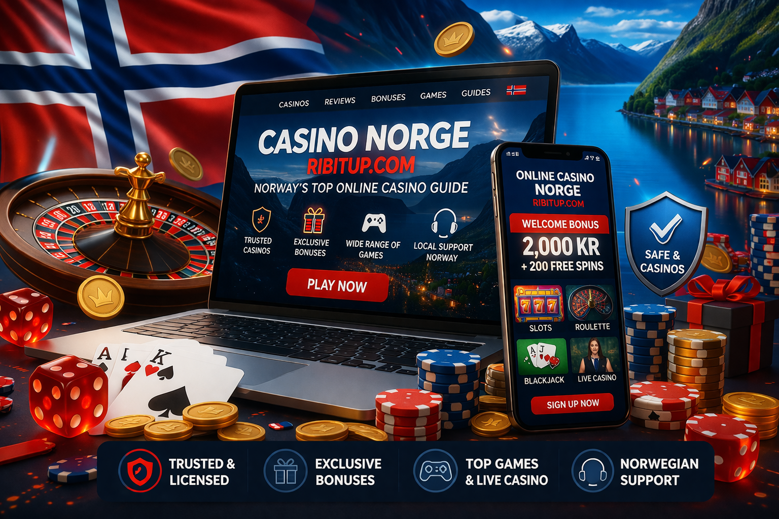 Alt Text: Norwegian online casino bonus 2,000 kr displayed on laptop and mobile with casino chips, roulette, and Norwegian flag background