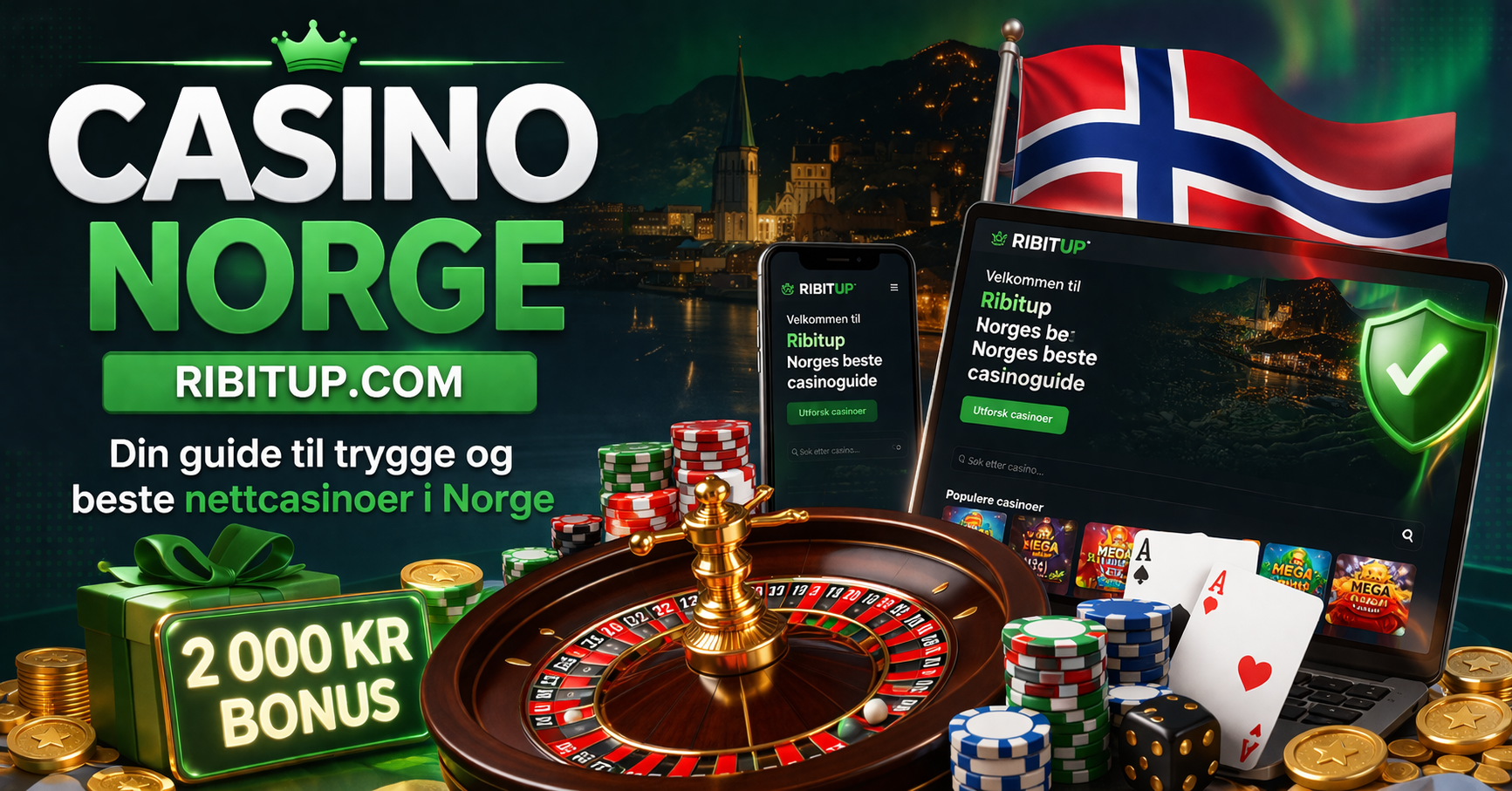 Laptop and smartphone showing Casino Norge Ribitup.com with 2,000 kr bonus, surrounded by roulette, poker cards, chips, and Norwegian flag elements